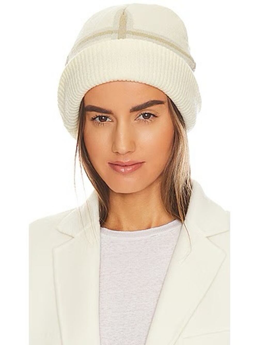 WeWoreWhat Oversized Plaid Beanie Ecru Khaki Multi Soft One Size